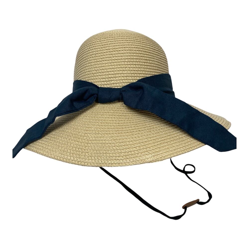 Furtalk Beach Hat Straw With Navy Band with Chin Strap Size L/XL